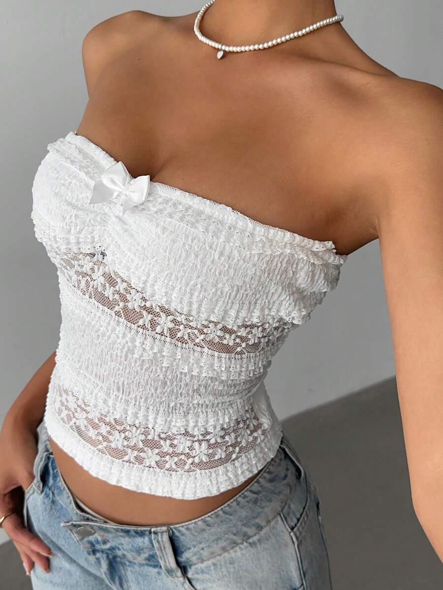 Aloruh Women's Solid Color Elegant Romantic Lace Bow Ruffle Bust Bandeau Rave Top - White - View 1