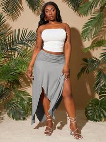 SHEIN SXY Plus Size Women's 2025 Spring & Summer New City Vacation Gray Solid Color Ruched Waist Asymmetrical Hem High Slit Sexy A-Line Skirt, Suitable For Beach Vacation, Date Night, Birthday, Bachelorette Party, Cute, Casual, Shopping, Streetwear, Going Out, Coquette, Easy To Match & Looks Slim, Accentuates The Body, Flatters The Figure - Light Grey - View 5