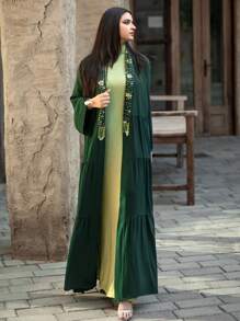 SHEIN Najma Hand-Sewn Rhinestone Beadwork And Tassel Decorations, Elegant Long Open-Front Long-Sleeved Coat - Abaya, Suitable For Daily Wear, Festivals And Eid Gatherings., Modest Robe - Dark Green - View 4