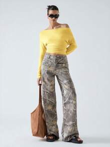 LYSMO Women's Yellow Knitwear Casual T-Shirt: Semi-Sheer Ruched Boat Neck Top With Three-Quarter Sleeves And Regular Length