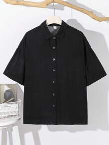 SHEIN Teen Boys Casual Short Sleeve Shirts, Sports Streetwear Punk Rock College, Suitable For Daily Outing, Party, Music Festival, Spring/Summer - Black - View 2