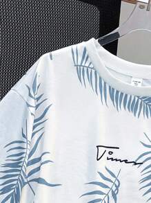 SHEIN 2pcs Set Teen Boy's Tropical Print Tee & Drawstring Waist Shorts;Spring Wear; Teen Boys' Clothing; Kids' Jackets, Spring Back To School - Dusty Blue - View 3