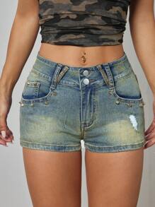 INAWLY Women's High-Street Denim Shorts, Fashionable For Summer - Medium Wash - View 4