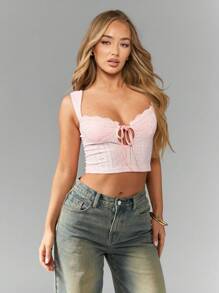 MISSGUIDED Eyelet Lace Corset Style Cami Top Summer Bralette Tie Front Bustier Crop Tank Sweet Prairie Cottagecore Festival Y2K Fashion - Pink - View 1