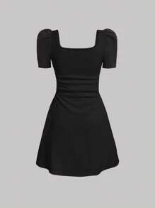 SHEIN Tween Girls Elegant Gigot Sleeve Square Neck Solid Short Lantern Sleeve A-Line Dress, Suitable For Daily Wear, Casual Occasions, Elegant Parties - Black - View 3