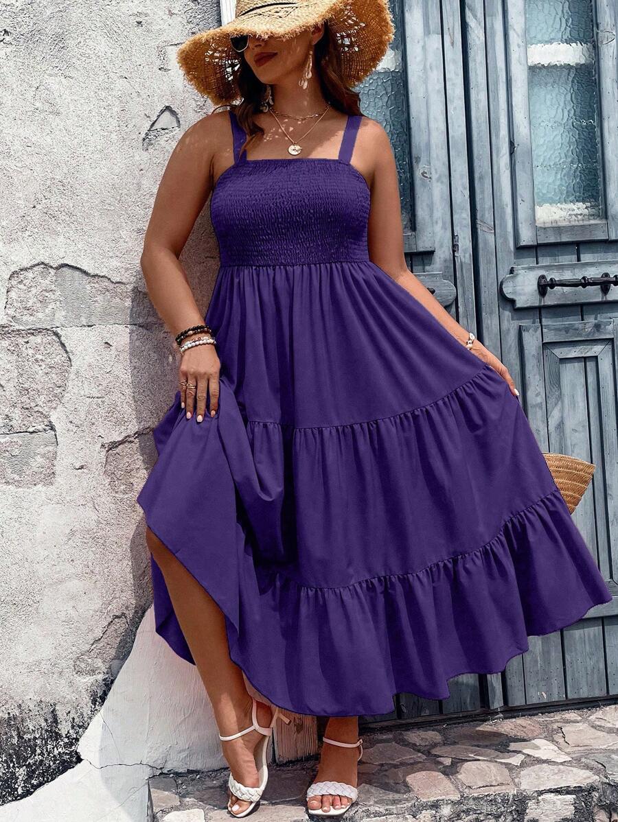 SHEIN Clasi Plus Size Solid Color A-Line Swing Cami Dress Maxi Women Outfit - Purple - View 1