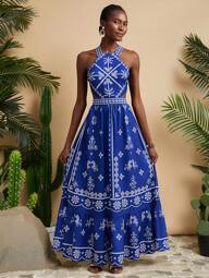 Travachic Robe d'été à épaules dénudées et imprimé tissé pour femmes, tenues d'été, vêtements de plage, Pâques, tenues de plage pour femmes, vacances, tenues de concert pour femmes, style bohème, festival de musique, vêtements de vacances tropicales pour femmes, imprimé floral bleu et blanc, robes d'été pour femmes