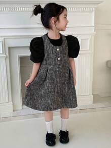 DAZY 2件套少女夏季优雅纯色泡泡袖上衣和无袖连衣裙套装 - 黑色 - 查看 3