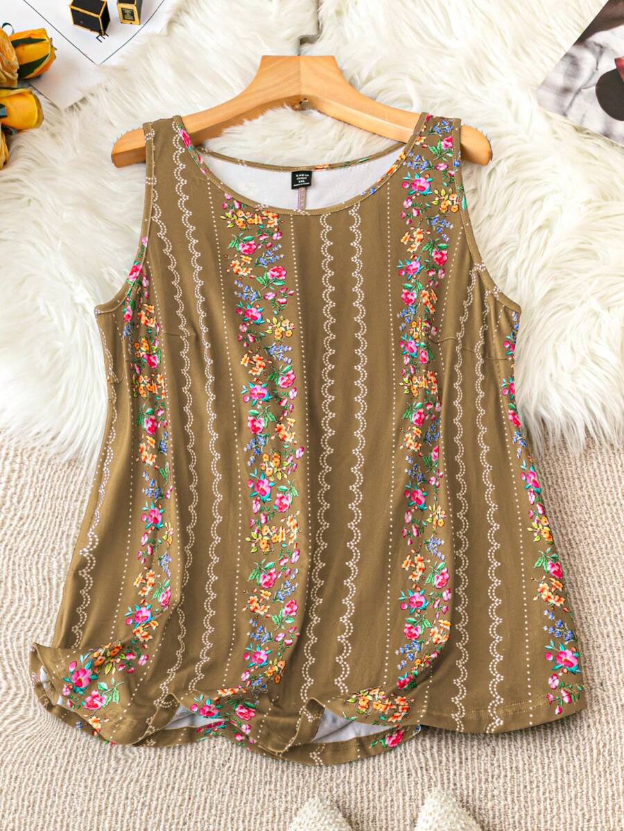 SHEIN Clasi Áo thun họa tiết hoa cổ tròn mùa hè cỡ lớn cho nữ - Nhiều màu - Xem 1