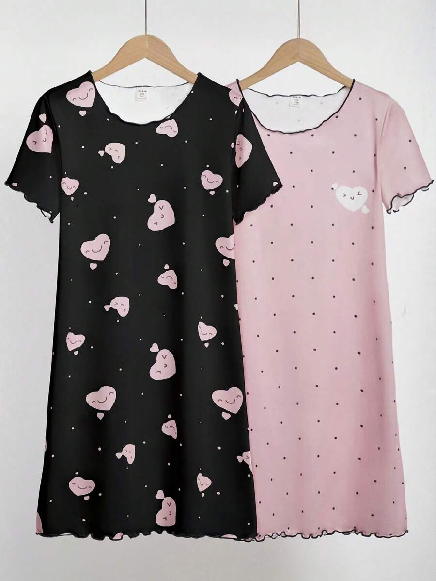 SHEIN 2 件套女孩可爱波尔卡圆点心形印花舒适圆领短袖长睡袍家居服套装母亲节礼物毕业礼物夏装假日旅行休闲夏装少女服装少女 T 恤 - 黑色 - 查看 1