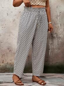 SHEIN VCAY Plus Size Casual Drawstring Waist Cropped Pants - Multicolor - View 1