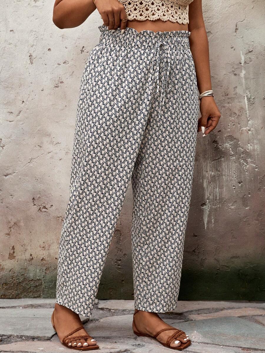 SHEIN VCAY Plus Size Casual Drawstring Waist Cropped Pants - Multicolor - View 1
