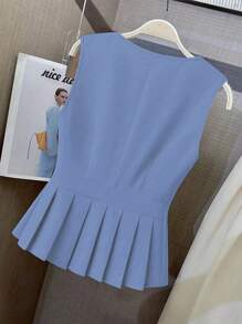 SHEIN Clasi Plus Size Women Elegant Romantic Solid Ruffle Asymmetrical V-Neck Lightweight Office Casual Vest - Dusty Blue - View 2