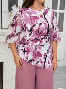 Reflora Bộ 2 áo sơ mi tay loe in họa tiết Batik cỡ lớn cho nữ và quần ống rộng, trang phục ngày lễ - Nhiều màu - Xem 7