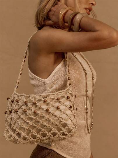 MUSERA Ladies,Women Shoulder Bag,Hobo Bag, Straw Bag ,Wooden Bead Decoration,Crochet Beaded Woven Caged Shoulder Bag Beach Bag,Fashionable, Elegant , Simple, Personalized, Versatile, For Beach,Vacation,Holiday,Summer, Seaside