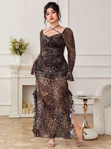 Modelyn Women Plus Size Mesh Leopard Print Criss-Cross Halter Ruched Hem Slit Elegant Sexy Dress Fall Cloth For Women
