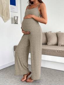 SHEIN Maternity Solid Color Ribbed Casual Jumpsuit With Suspenders - Apricot - View 3
