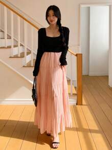 DAZY 女士纯色荷叶边雪纺飘逸半身裙 - 粉色 - 查看 7