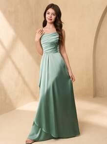SHEIN Teenage Girls Wedding Bridesmaid Elegant Satin Ribbon Bow V-Neck Ruffled A-Line Long Dress For Prom, Birthday Party, Performance