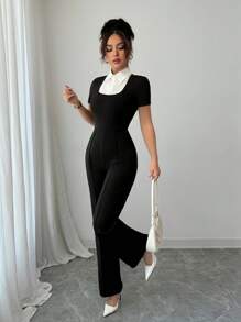 Chiquease 女式黑白拼布立领修身短袖连体裤 - 黑與白 - 查看 3