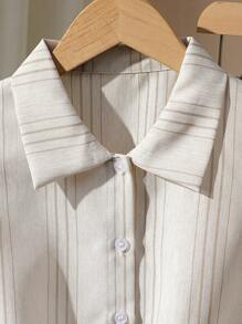 青少年女孩条纹盖袖纽扣上衣和阔腿裤休闲套装 - 卡其色 - 查看 6