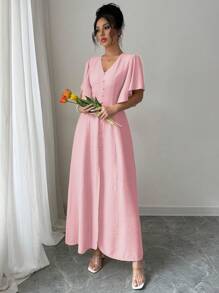 Elenzga Women's Simple Solid V-Neck Cinched Waist A-Line Split Hem Flare Sleeve Dress, Elegant French Style For Casual, Afternoon Tea Party, Vacation, Commute