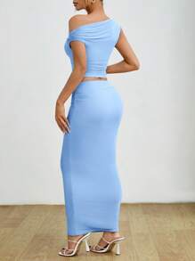 SHEIN PETITE Trang phục hai mảnh dành cho phụ nữ mặc hàng ngày - Màu xanh nhạt - Xem 2