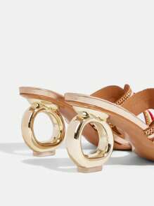 CUCCOO TILAWA Women's Summer New Beaded Chain Square Toe Artistic Heel Asymmetric High Heel Sandals, Luxurious Personalized Fashionable Gold Ladies High Heels, Suitable For Party, Resort - Gold - View 10