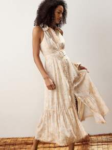 Maija Women's Multi-Color Plaid Floral Embroidered Summer Casual Blouse, Modern Resort Loose V-Neck Sleeveless Dress With Waist Belt, Suitable For Ibiza Beach Vacation - White - View 5