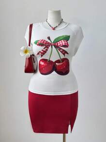 Flirla 2 Pieces Plus Size Women's Set: Round Neck Short Sleeve T-Shirt And Skirt - Multicolor - View 1