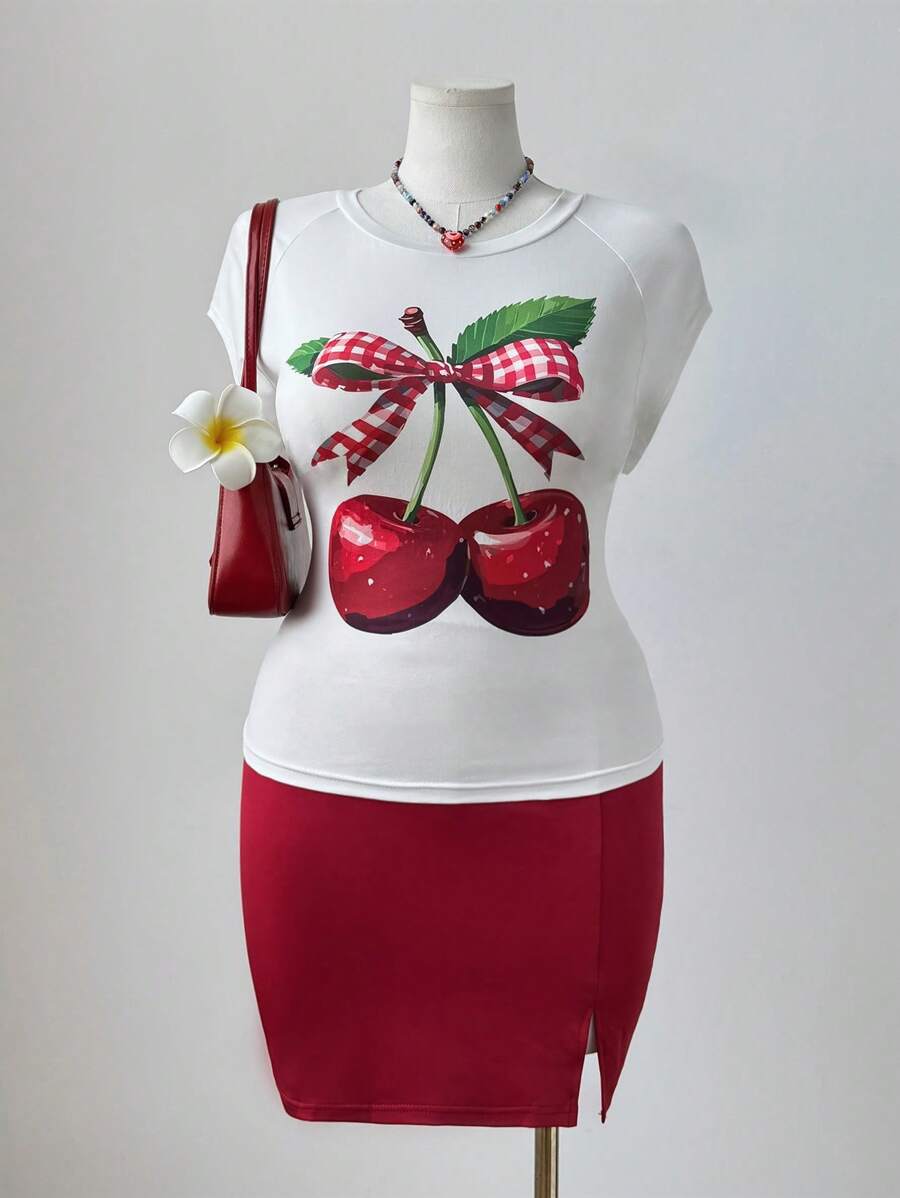 Flirla 2 Pieces Plus Size Women's Set: Round Neck Short Sleeve T-Shirt And Skirt - Multicolor - View 1