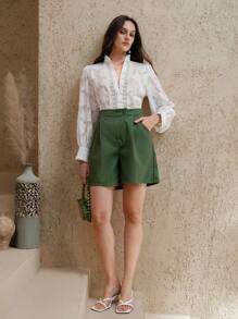 Uhlyne Women's Green Linen Asymmetrical Waist A-Line Loose Casual Shorts, Spring/Summer - Green - View 2