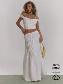 MUSERA 棉质弹力腰带多层长裙 夏季半身裙 Dainty Fields Ibiza 波西米亚风 度假风 - 白色 - 查看 2