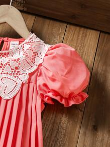 SHEIN Contrast Lace Puff Sleeve Ruffle Hem Elegant Dress For Young Girls - Watermelon Pink - View 3