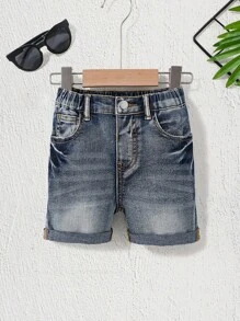SHEIN Young Boys'Summer Stonewashed Distressed Blue Stretch Denim Shorts,Summer Clothes For Kids