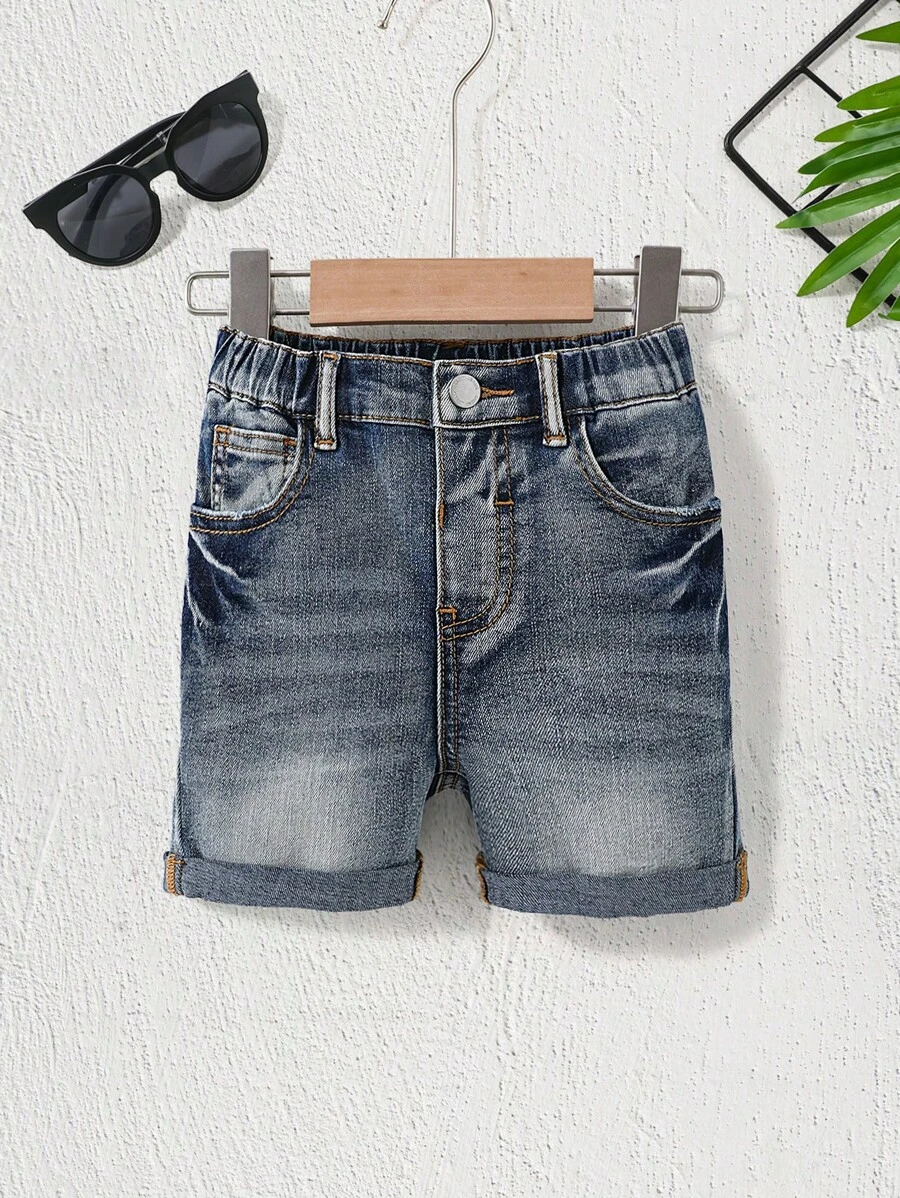 SHEIN Young Boys'Summer Stonewashed Distressed Blue Stretch Denim Shorts,Summer Clothes For Kids
