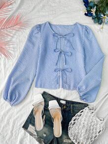 SHEIN Privé 女士优雅浪漫时尚通勤性感别致蓝白衬衫，适合派对、海滩度假、返校、浪漫约会、婚礼季、生日、复活节、春夏季