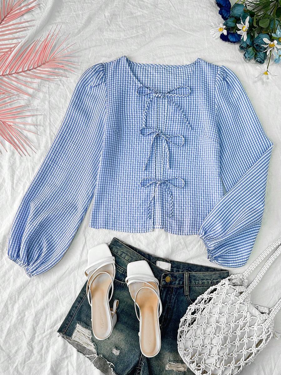 SHEIN Privé 女士优雅浪漫时尚通勤性感别致蓝白衬衫，适合派对、海滩度假、返校、浪漫约会、婚礼季、生日、复活节、春夏季