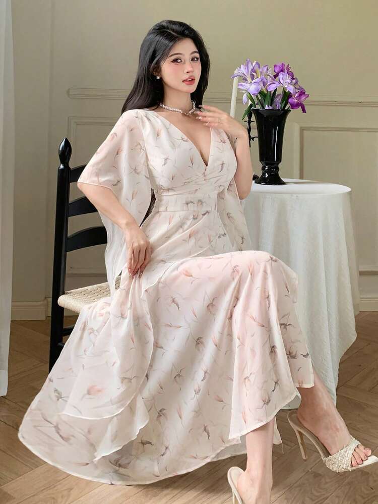 Women's V-Neck Ditsy Floral All-Over Print Casual Elegant Dress