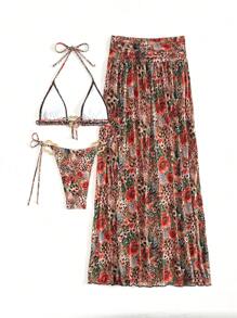 SHEIN Swim 3 pezzi set da bagno: top a triangolo senza ferretto con stampa casuale, pantaloncini da bagno con lacci laterali e pareo lungo in rete, costume da bagno da donna per vacanze estive in spiaggia