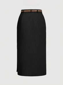 SHEIN MOD Plus Size Women 1pc Women Corduroy Black Bodycon Pencil Skirt With Side Slit, Mid-Length Skirt With Belt,Spirng Women Skirts - Black - View 2