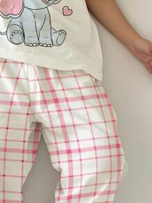 SHEIN Young Girls Casual Elephant Pattern Slim Fit Round Neck Short Sleeve Pants Sleepwear Set, Suitable For Summer - Multicolor - View 4