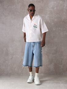 SUMWON Designer Embroidered Rose Short Sleeve Button Up Shirt Linen Feel Feel Look Resort Beach Vacation Wedding Guest Summer Spring Casual Evening Wear - Beige - View 5