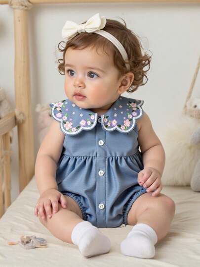 SHEIN Playful Pals 女婴休闲日常荷叶边领刺绣花卉无袖连体衣，适合外出和居家穿着
