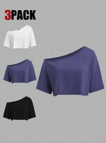 Sweetra Set de 3 camisetas de manga corta con cuello asimétrico y ajuste suelto en blanco, gris y negro