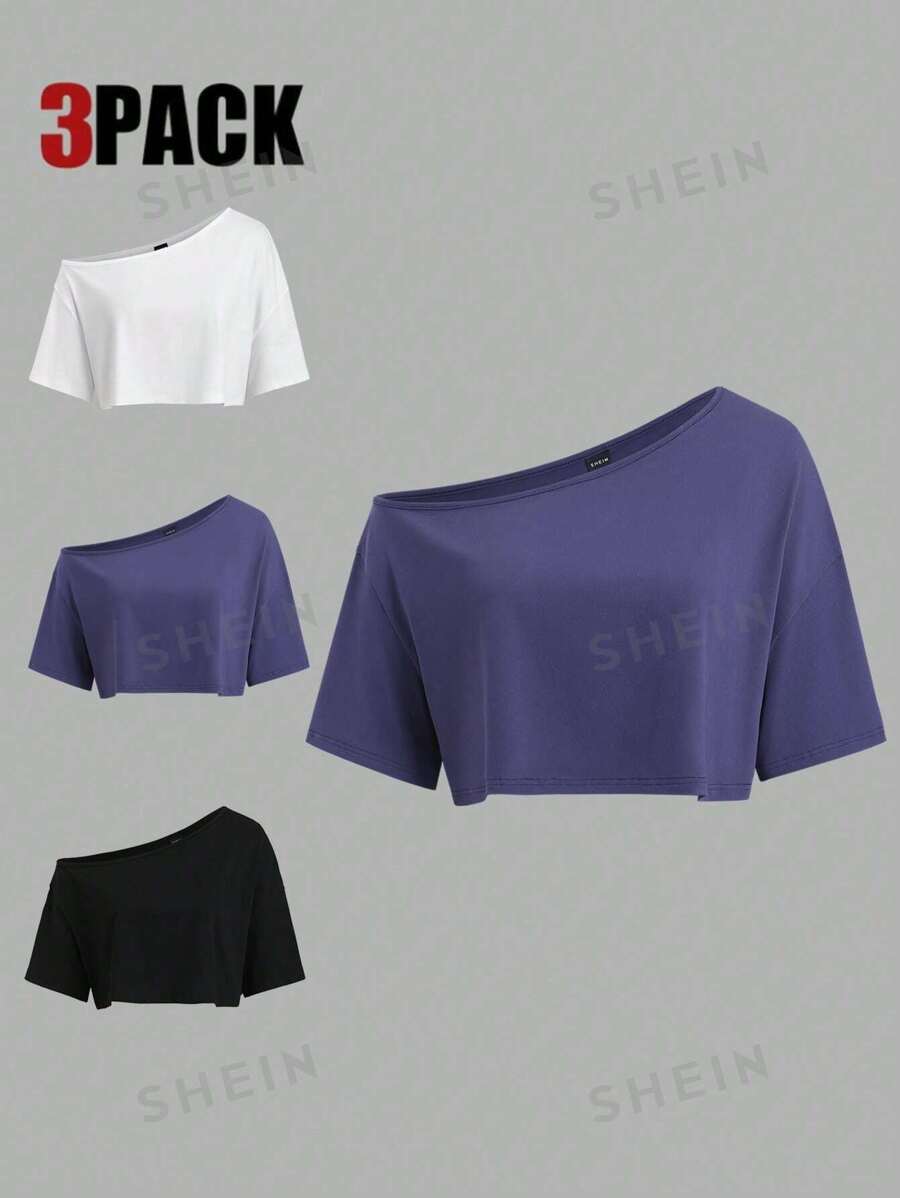 Sweetra Set de 3 camisetas de manga corta con cuello asimétrico y ajuste suelto en blanco, gris y negro