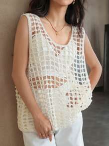 DAZY Solid Color Round Neck Sleeveless Sheer Hollow Out Pullover Sweater Vest - White - View 1