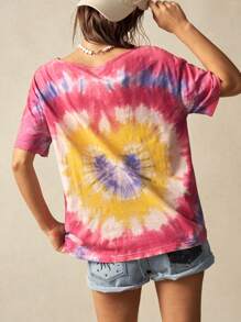 Bohemela Knit Round Neck Short Sleeve Loose Tie Dye Design Women T-Shirt - Pink - View 7