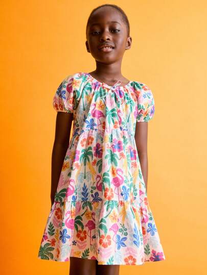 SHEIN 年轻女孩休闲火烈鸟和花卉印花泡泡袖连衣裙，夏季