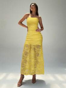 Aloruh Women's Elegant Yellow Strapless Semi-Sheer Lace Long Dress With Flounce Hem